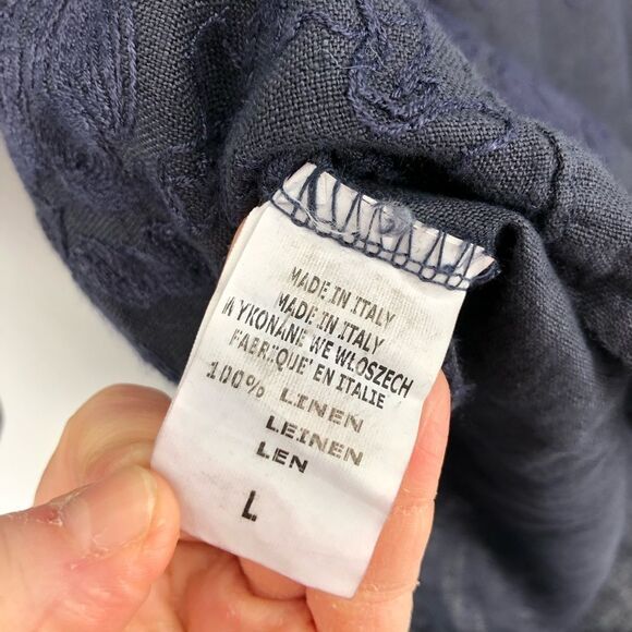 Lina Tomei Embroidered Top Womens Large Blue 100% Linen Floral Roll Tab Sleeves - Picture 6 of 13